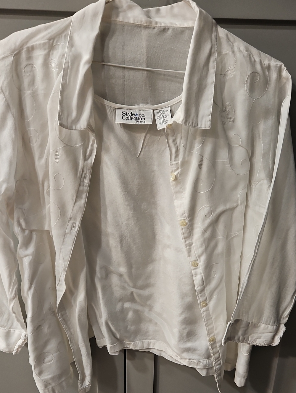 Style & Co. Petite White Embroidered Button-Up Shirt With Attached Tank